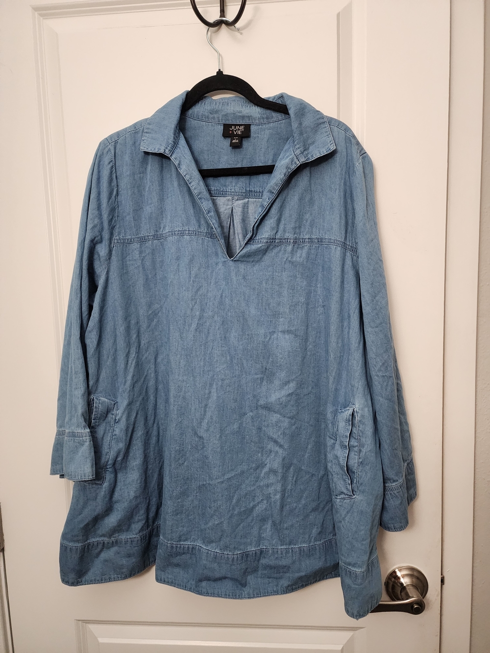 Light Blue Denim Tunic Top - Loose V-Neck